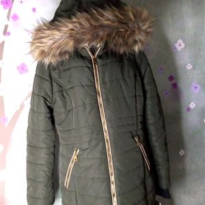 Woman's hooded puff jacket olive green knit cuffs  XL New
